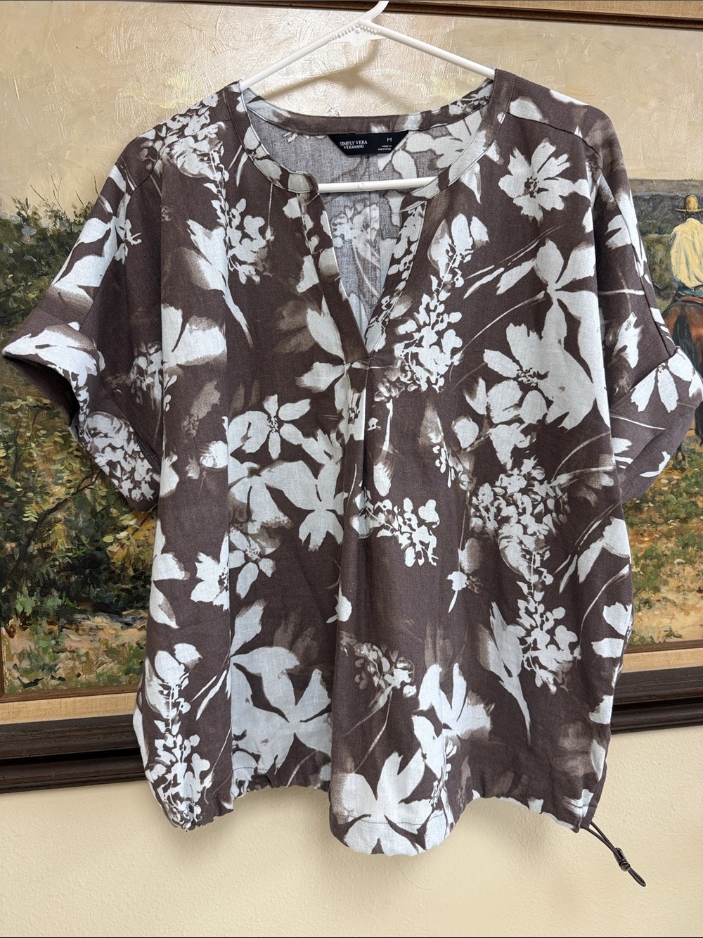 Era Wang Women's Brown Floral V-Neck Blouse with Drawstring Hem